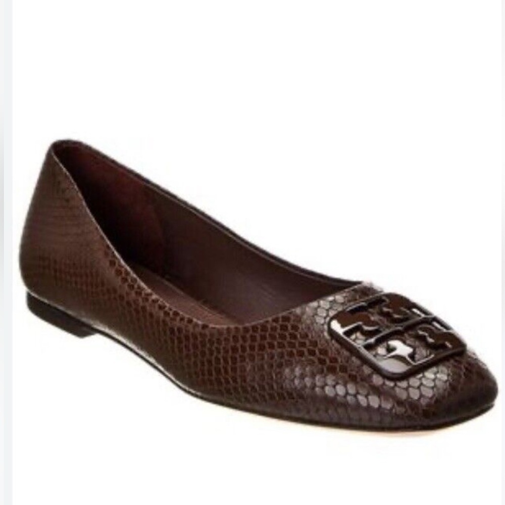 Tory Burch Brown Snake-Embossed Logo Ballet Flat